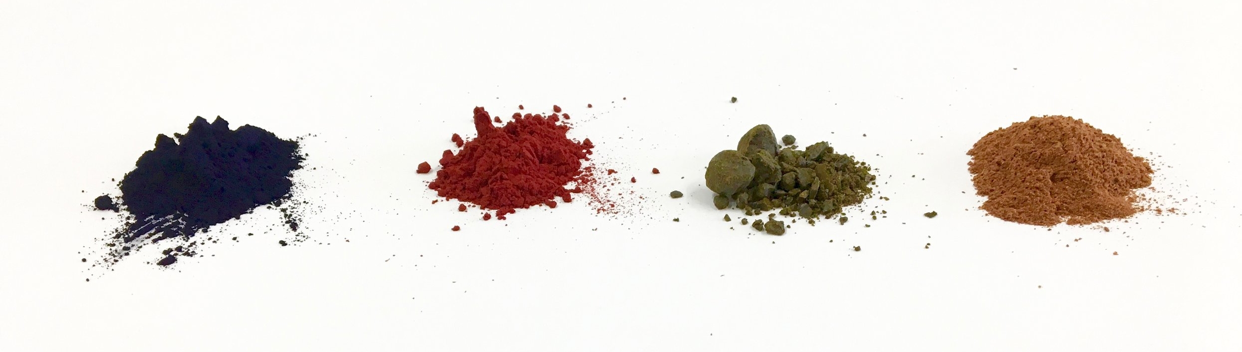 Left to right: Indigo, Cochineal, Weld, Madder, and (not pictured) Osage Orange