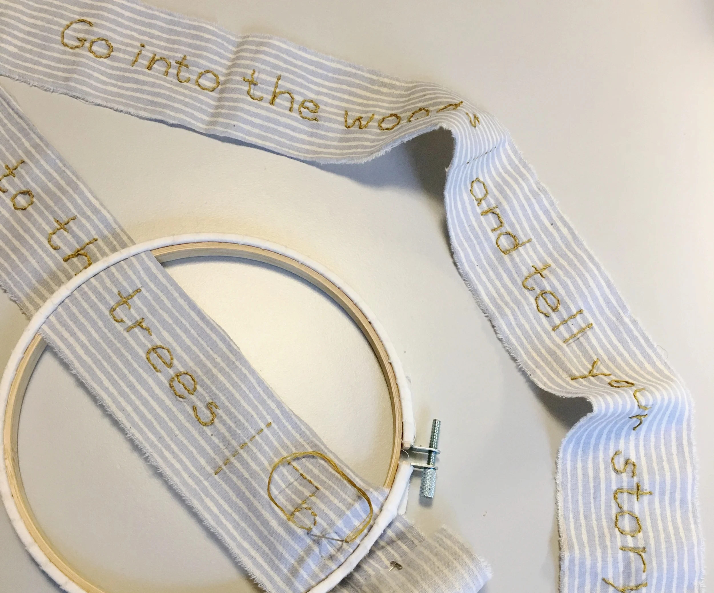 The Quiet Listeners, a poem by Laura Foley. Laced running stitch on cotton.
