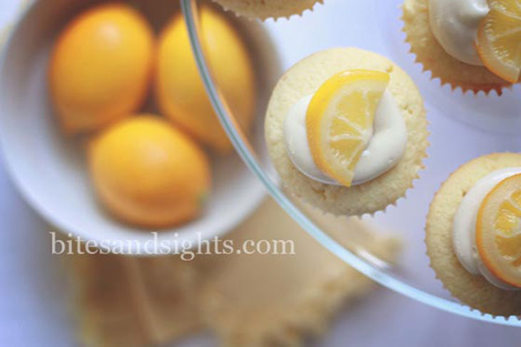 looking down on the plate of meyer lemon cupcakes