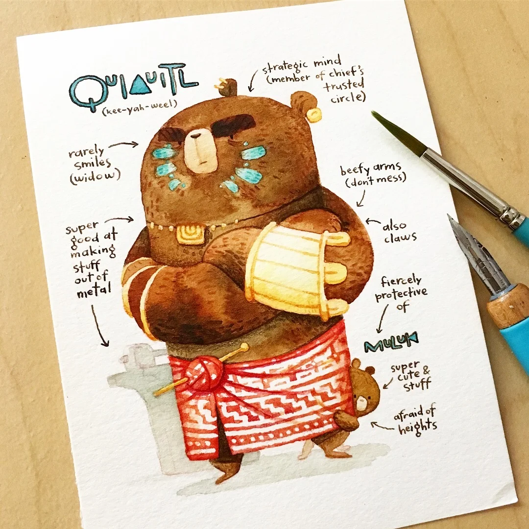 Quia and Muluk, mother bear and son. Quiauitl is the Mayan word for "rain" and muluk is the Aztec word for "water".