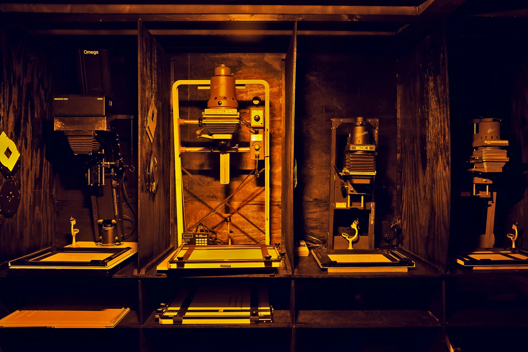 120 & 4x5 Omega & Beseler enlargers in gang B&W darkroom