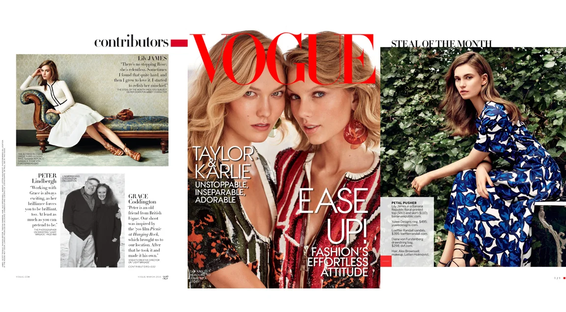 Vogue March 2015 Issue, (Left) Lily James wearing the Pointed Teardrop Ring. (Right) Lily James wearing the Black Onyx Oval Ring. 