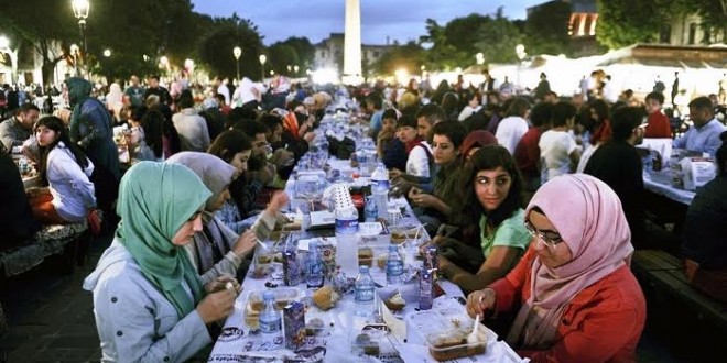 At sunset, Muslims gather to break the daily fast in Ramadan with a meal called Iftar.