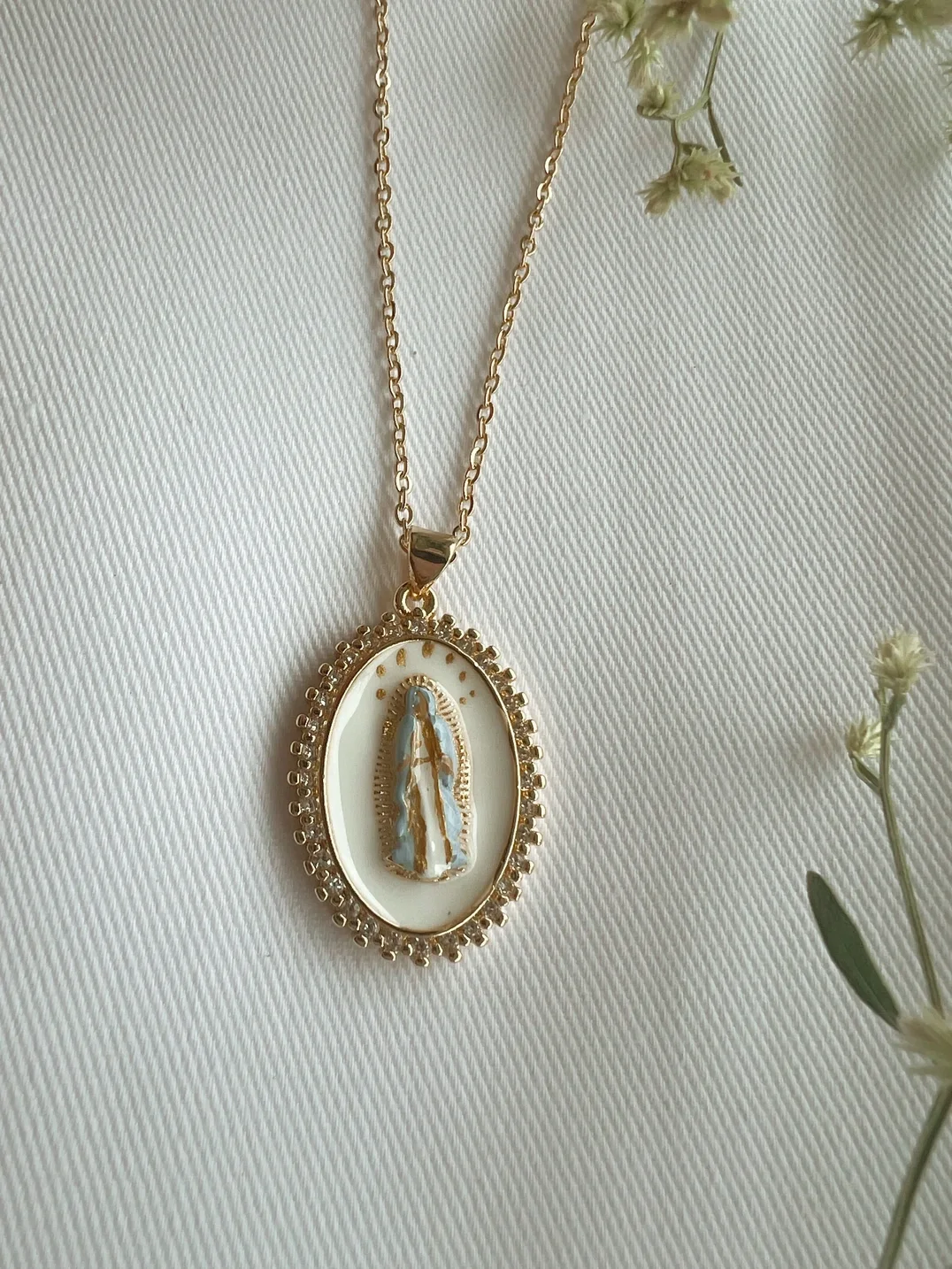 Hand Painted Immaculate Conception Necklace – 18K Gold Plated Catholic Jewelry (Non-Tarnish)