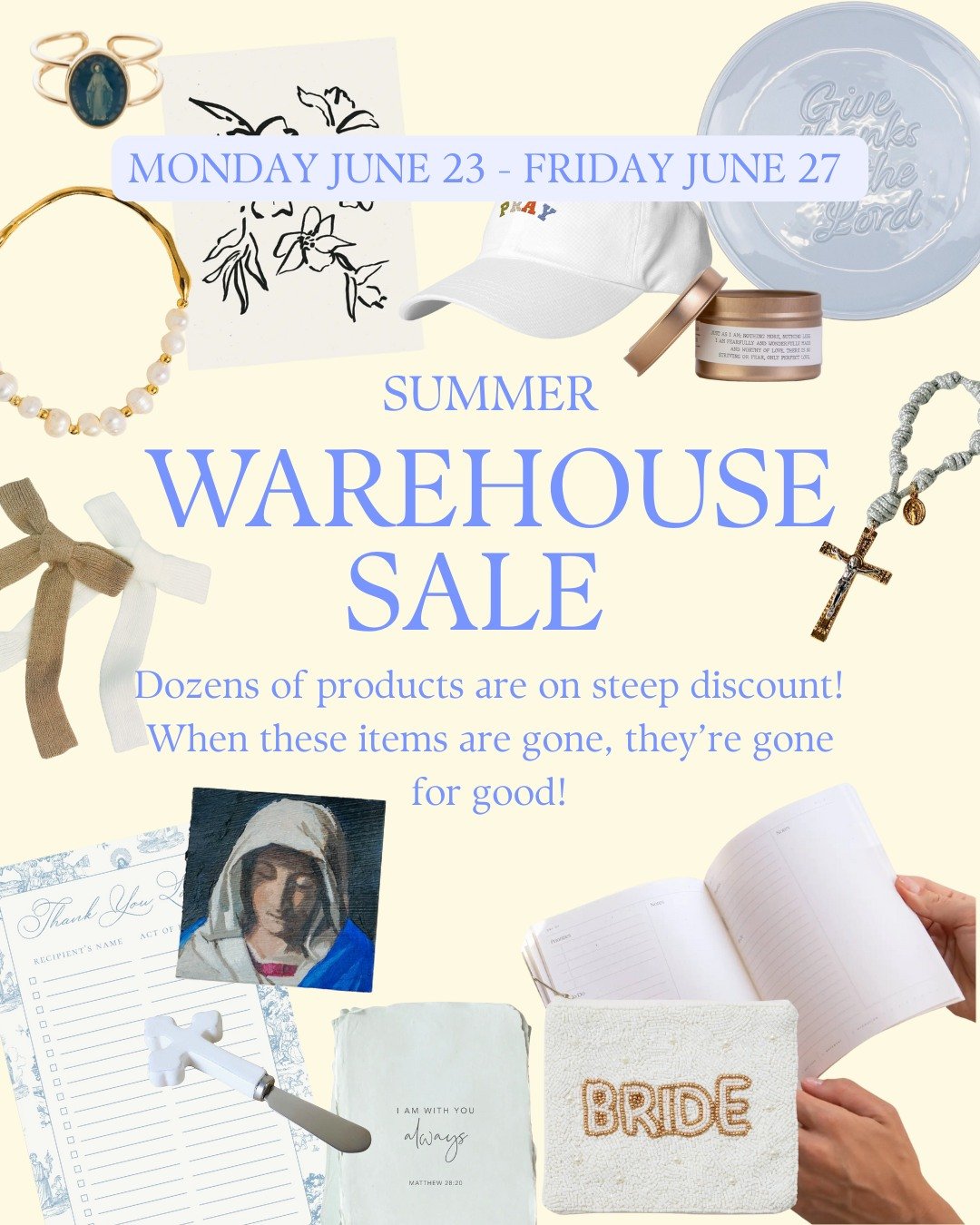 Get ready to shop, friends! TheYoungCatholicWoman's Summer Warehouse Sale is coming at you THIS MONDAY, June 20th through Friday, June 27th. Shop HUGE discounts on dozens of products&mdash;and be sure to shop early, because when something is gone, it