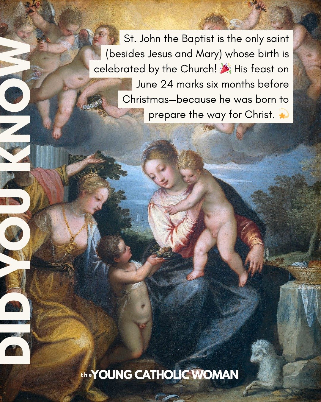 Did you know? St. John the Baptist is the only saint (besides Jesus and Mary) whose birth is celebrated by the Church! 🎉 His feast on June 24 marks six months before Christmas&mdash;because he was born to prepare the way for Christ. 💫

#catholic #j