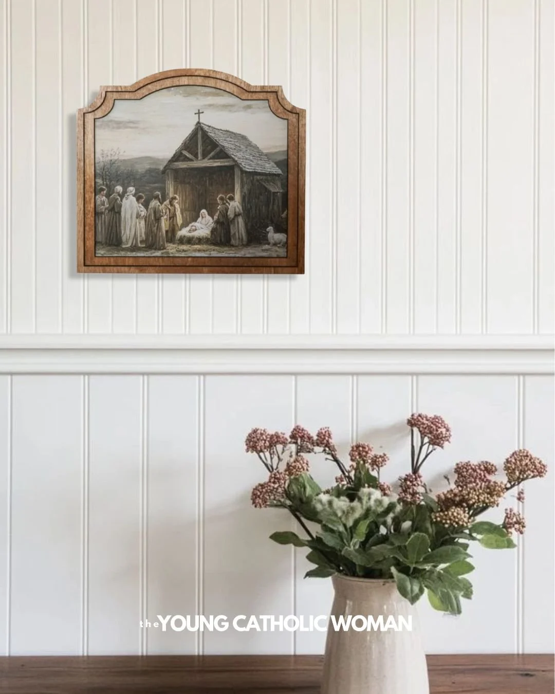This year, I'm slow decorating for Christmas. 😌 I've never done this before, but I've been going into the basement and selecting something every few days to put up around the house, and today I hung up our Catholic Farmhouse Nativity image. I guess 