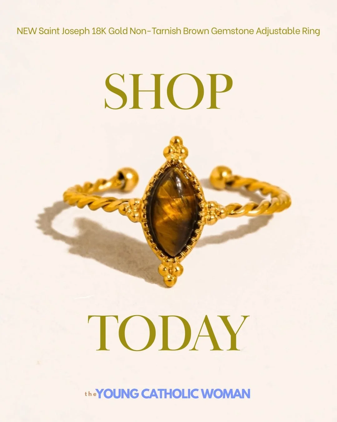 Our new St. Joseph ring is in just in time for Christmas! AND it's only $19.99! 😍

Honor the quiet strength and steadfast protection of Saint Joseph with this beautifully crafted 18K Gold Non-Tarnish Brown Gemstone Adjustable Ring. Designed for dail