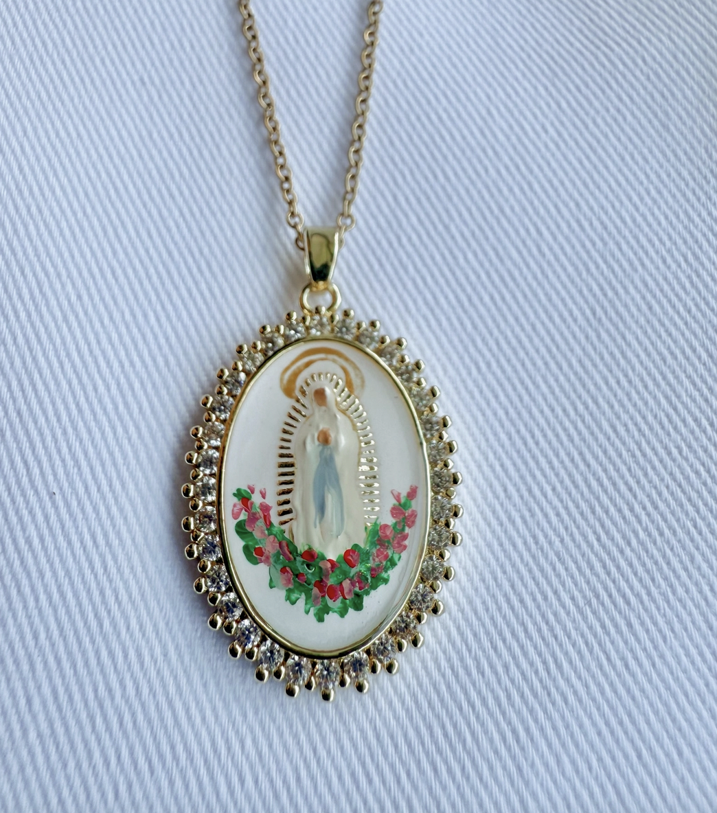 Hand Painted Our Lady of Lourdes Necklace – 18K Gold Plated Catholic Jewelry (Non-Tarnish)