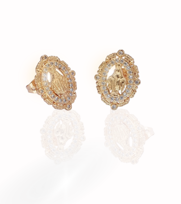 Catholic 18K Gold Blessed Mother Oval Earrings