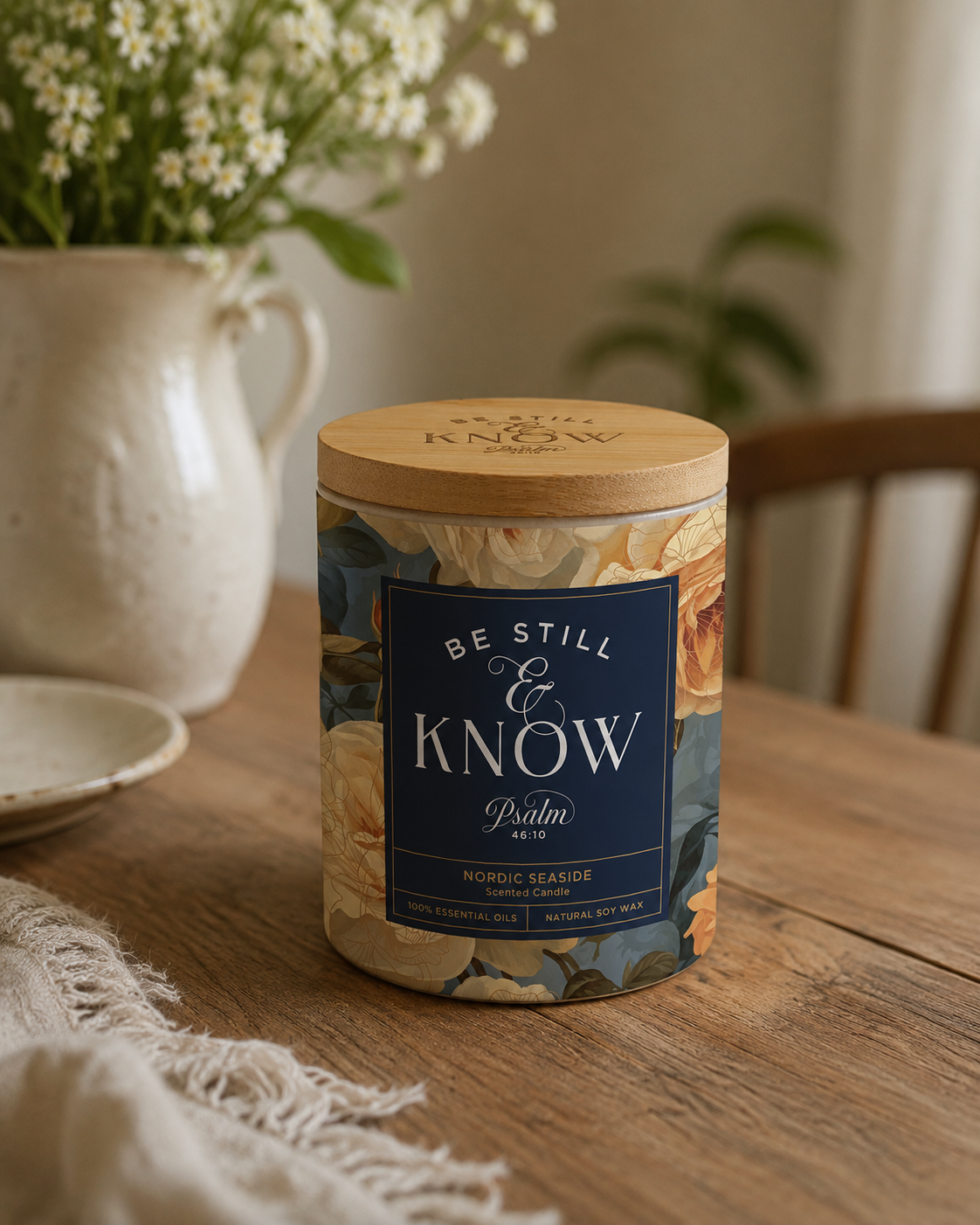 "Be Still" Floral Glass Candle With Bamboo Lid