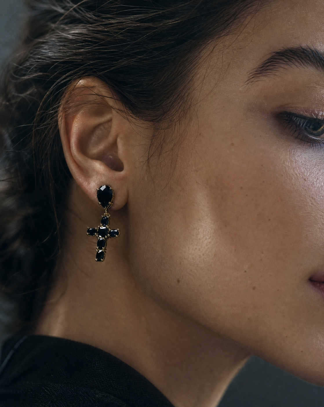 Black Gemstone Cross Drop Earrings