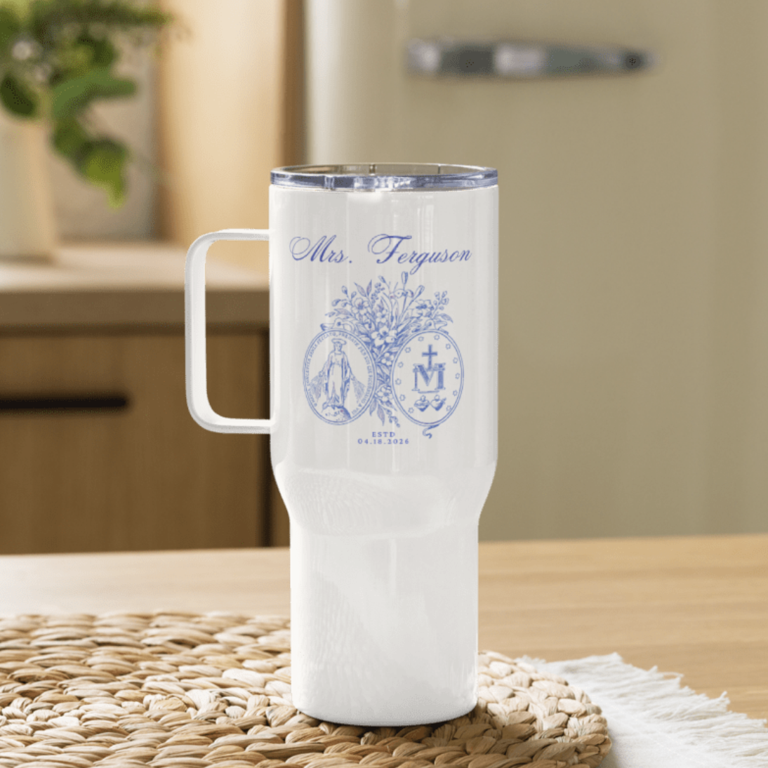 Custom Catholic Wedding Travel Mug - 25 oz bride