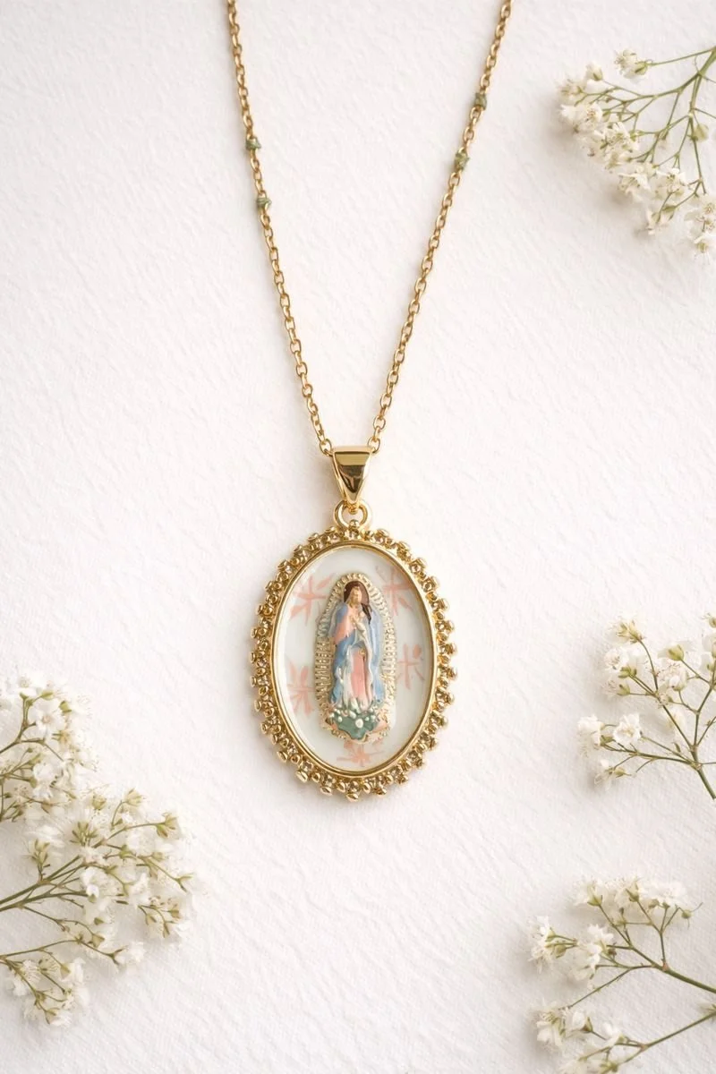 Hand Painted Our Lady Undoer of Knots Necklace – 18K Gold Plated Catholic Jewelry (Non-Tarnish)