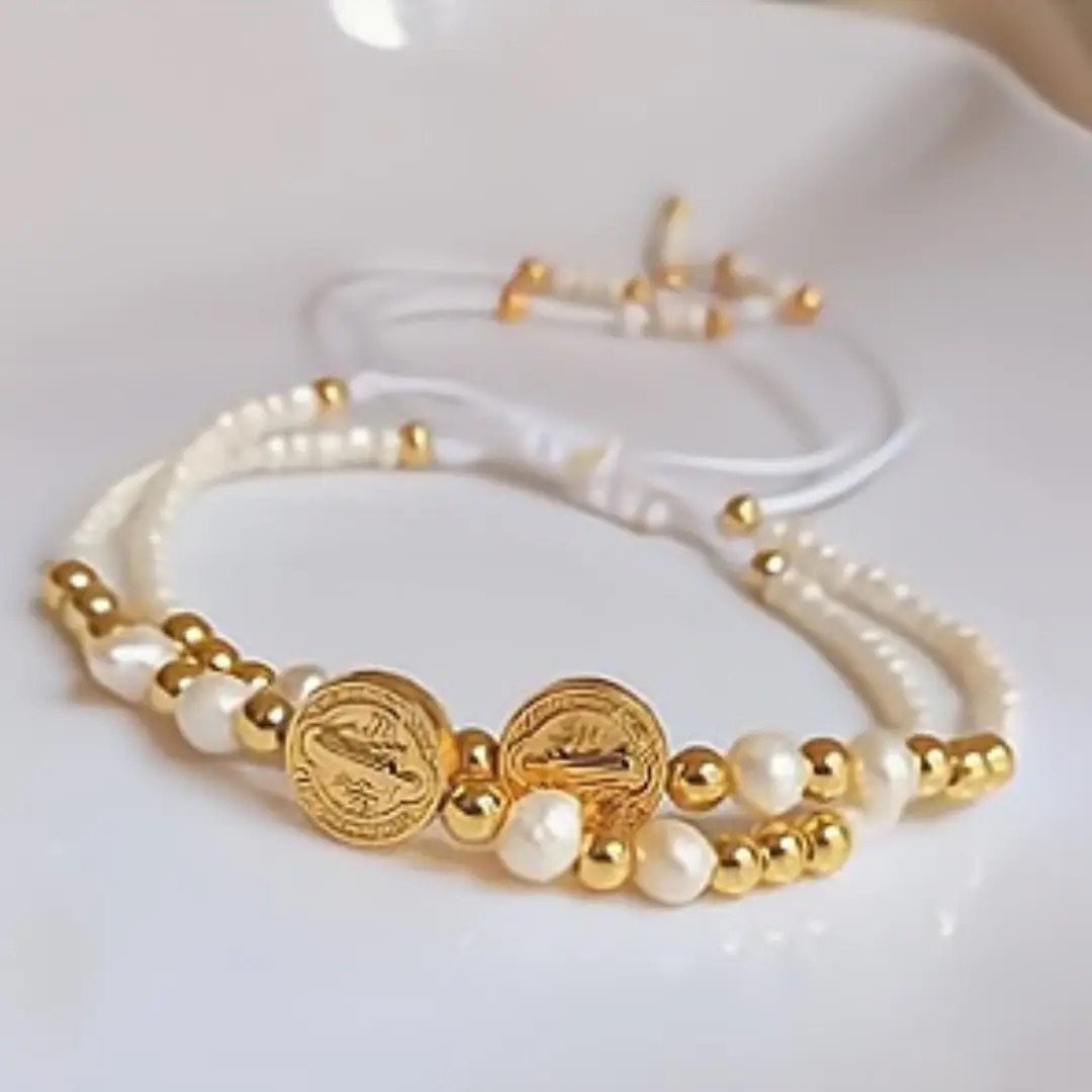 Catholic Gold-Plated St Benedict Fresh Water Pearls Bracelet 7.5”