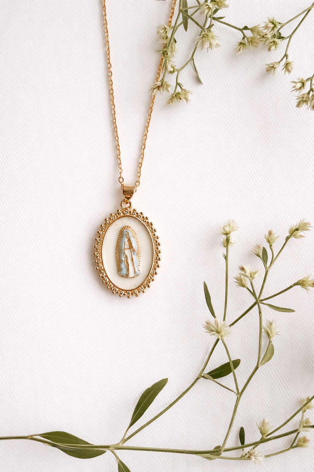 Hand Painted Immaculate Conception Necklace – 18K Gold Plated Catholic Jewelry (Non-Tarnish)