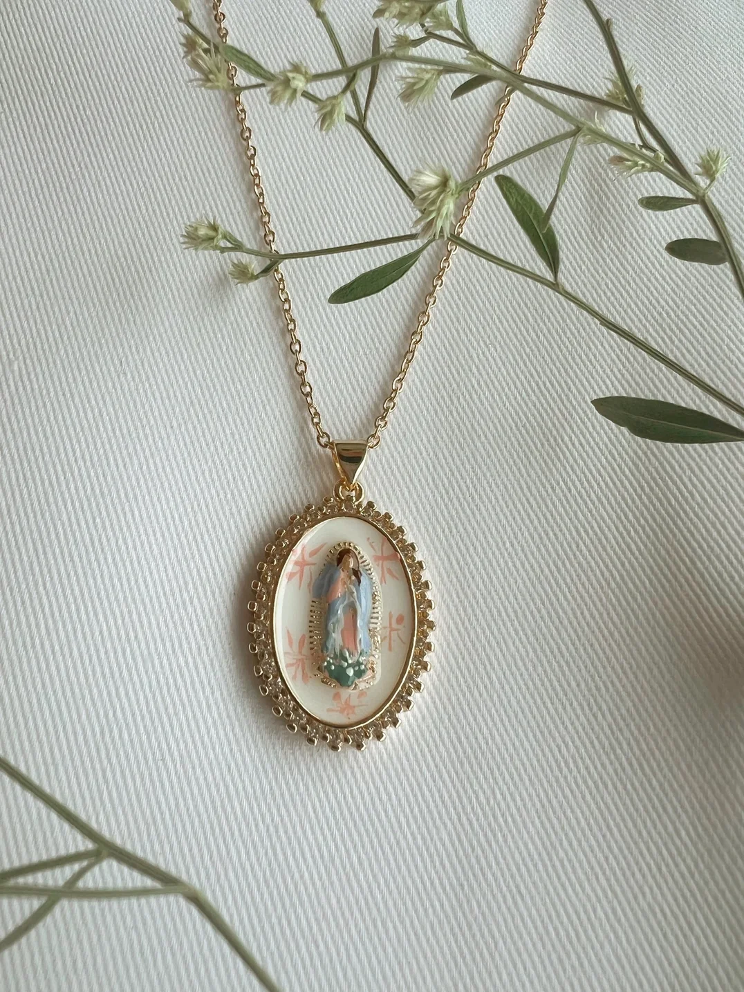 Hand Painted Our Lady Undoer of Knots Necklace – 18K Gold Plated Catholic Jewelry (Non-Tarnish)