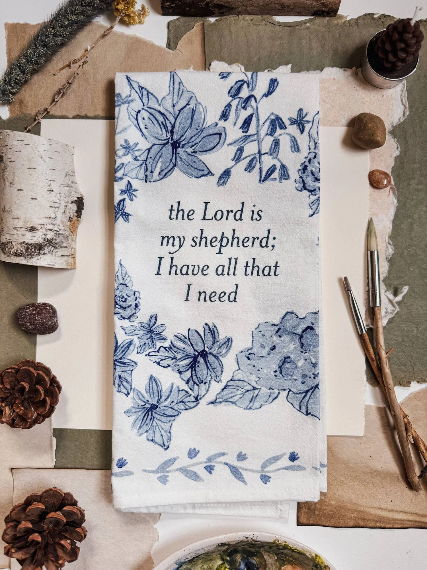 Psalm 23 Floral Kitchen Tea Towel | Blue & White