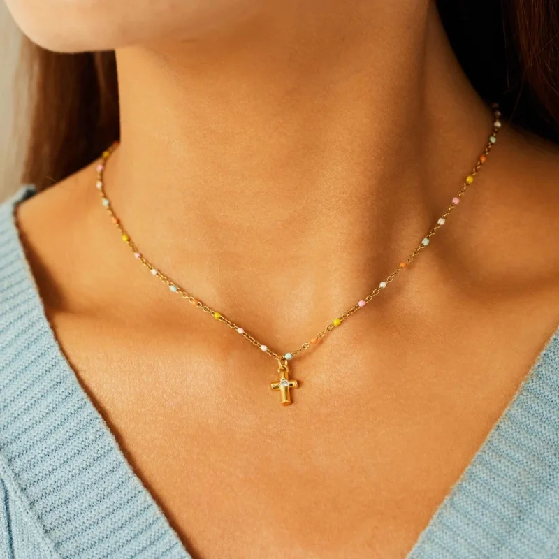 Cross Boho Color Bead Charm Necklace in 925 Sterling Silver