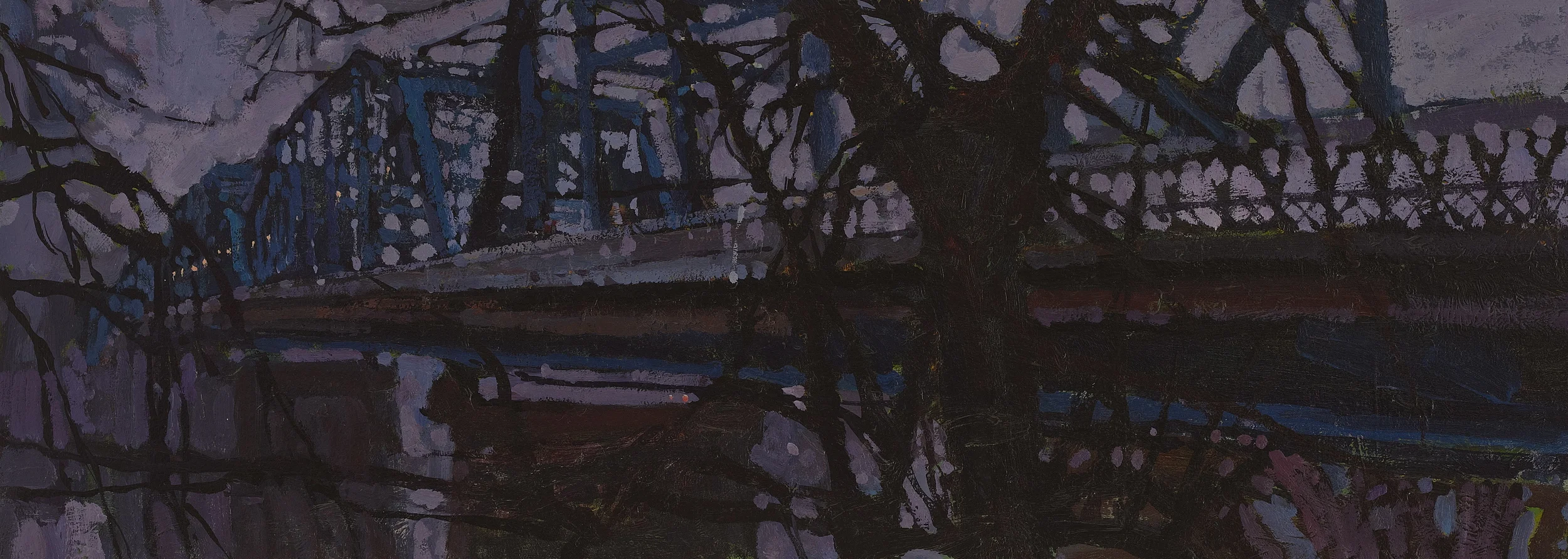  Timur Akhriev  Title: Walnut St Bridge in the Rain.  7" x 20", Oil on Board, 2014. Framed&nbsp;  Available Through Lovetts Gallery 