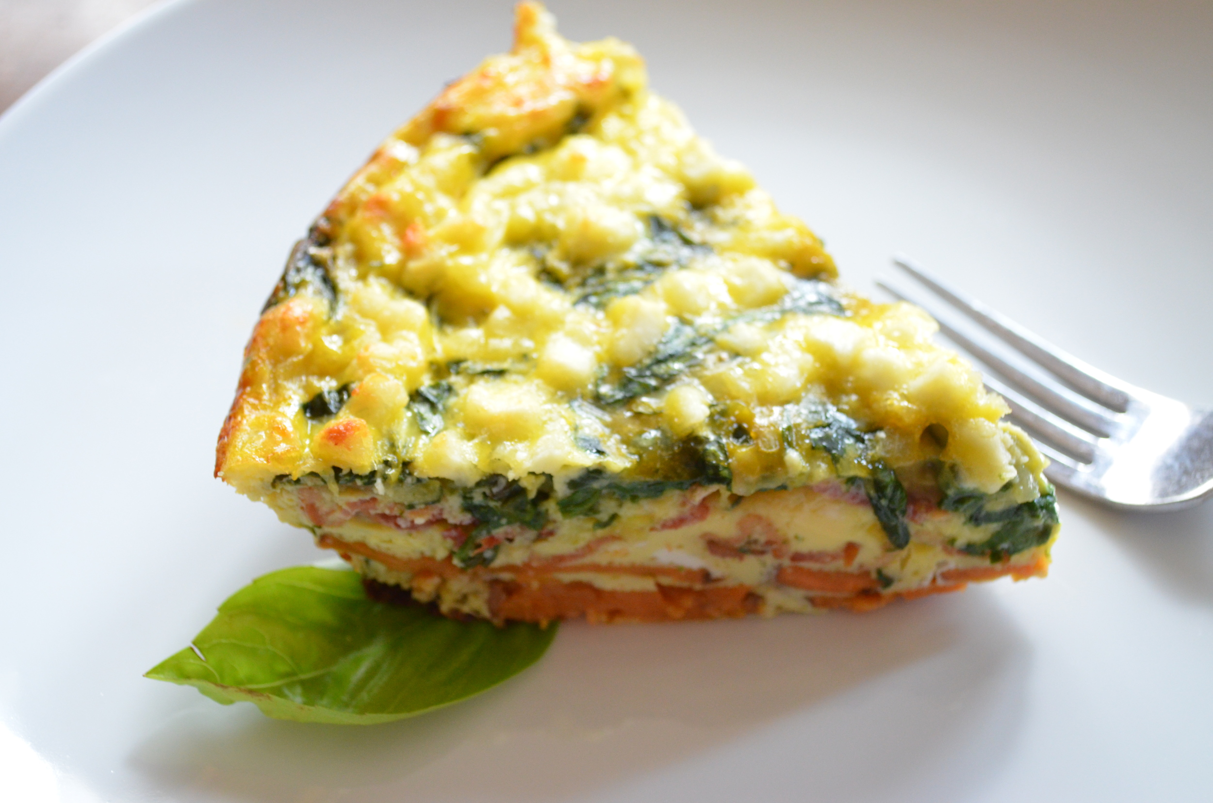 Zucchini and Spinach Fritatta with Sweet Potato and Bacon Crust