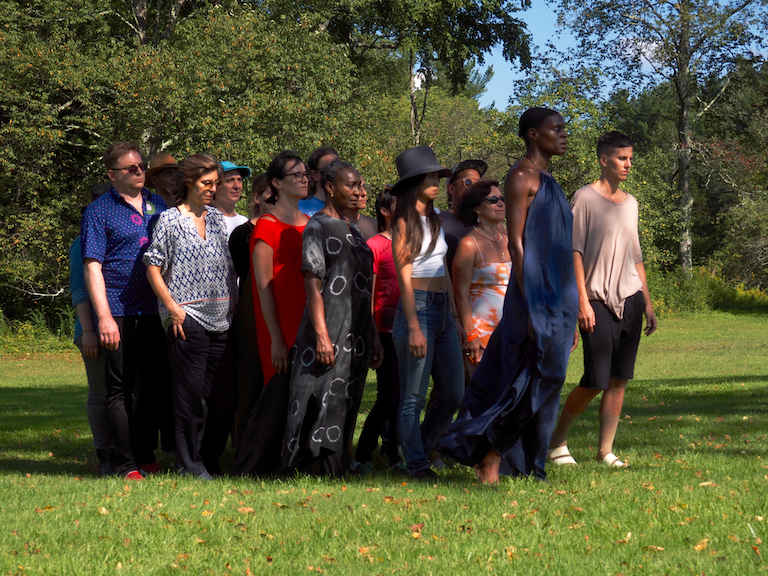 Still from collective embodied practice workshop at Denniston Hill with Okwui Okpokwasili. Photo Credit Timothy Gerken