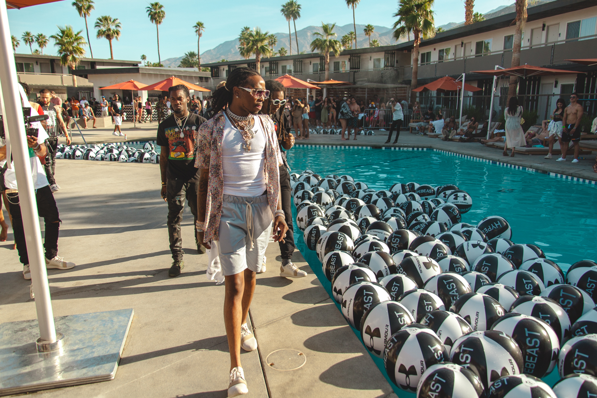 Migos poolside at the HYPEBEAST Hotel private party sponsored by Under Armour during Coachella Summer Music Festival 2017. Original story via HYPEBEAST .