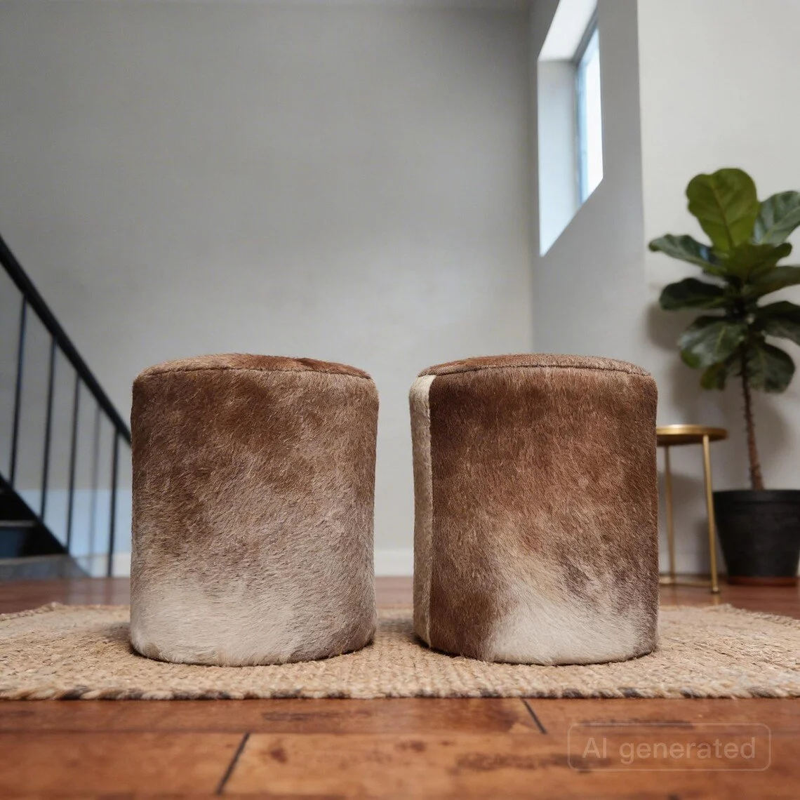 Brown Cowhide Round Ottomans