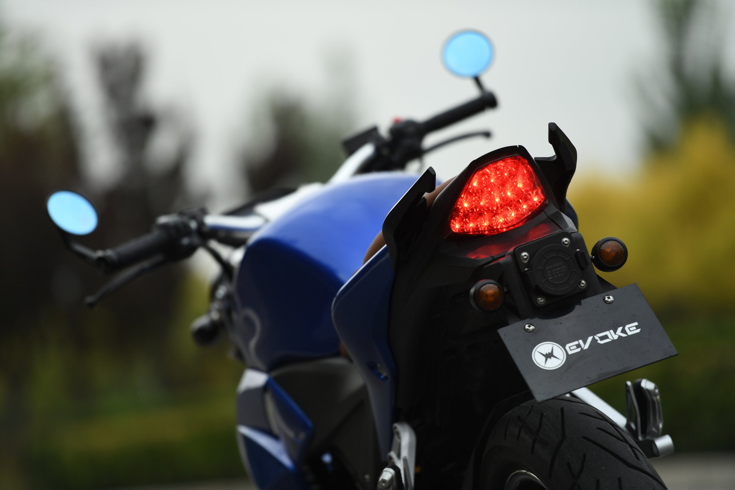 Evoke Electric Motorcycle Oceanic Blue Rearview 