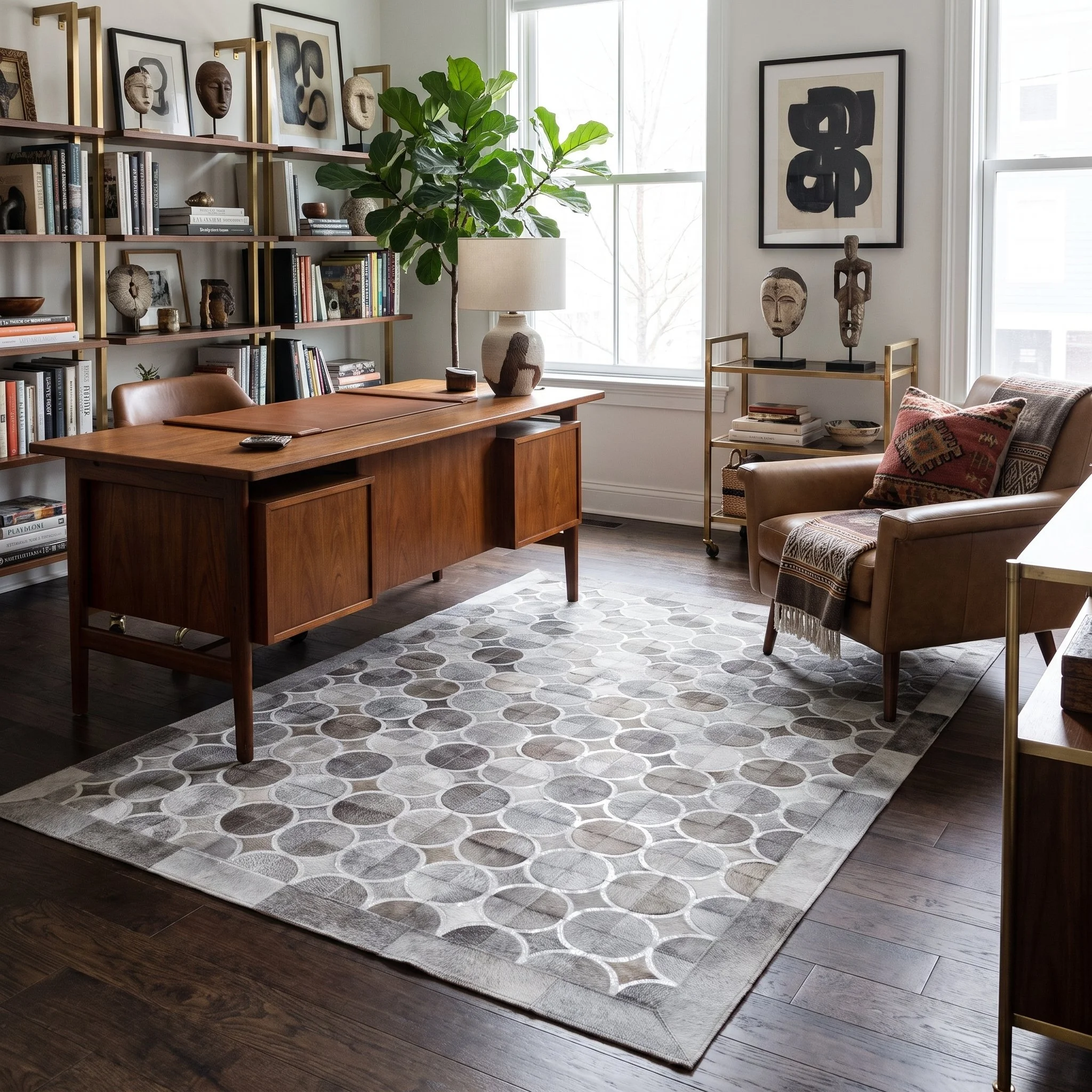 Grey White Circles Cowhide Rug