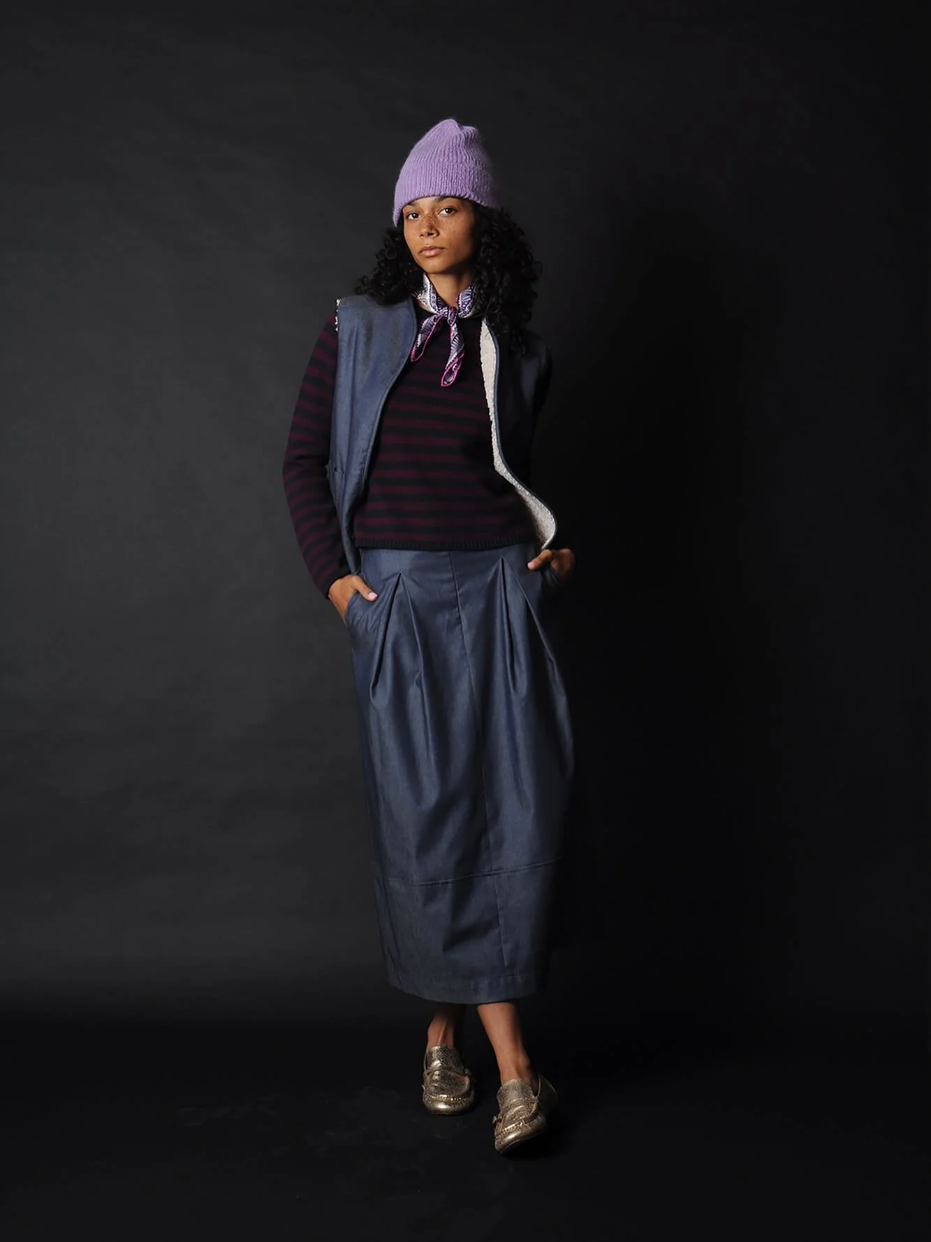 Conifer Denim Vest + Skirt 🤩 
Styled with @micaela_greg beanie @last_chance_textiles silk bandana @demyleeny striped sweater @shopeitheror gold loafers