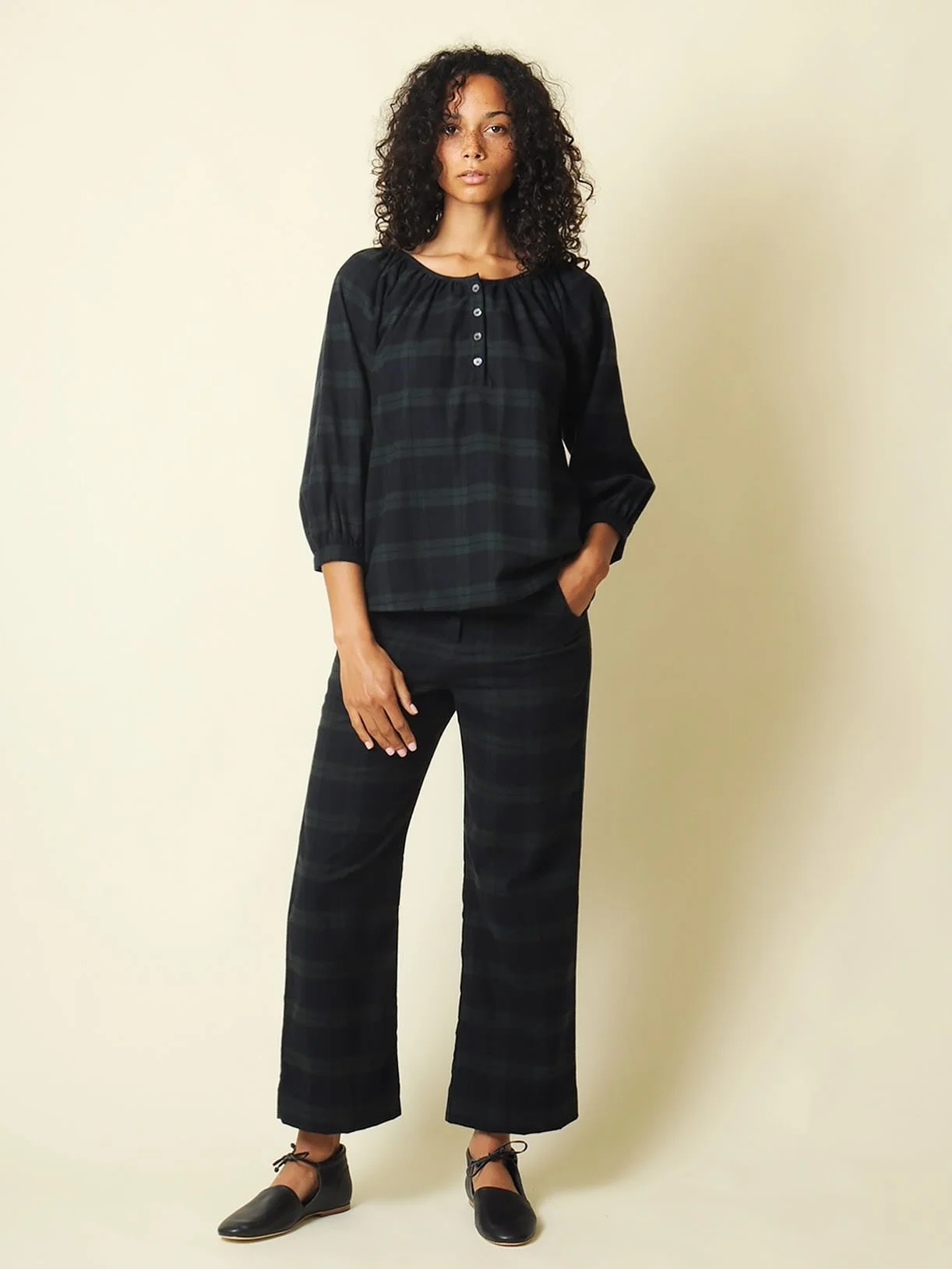 I&rsquo;m really into matching sets! Conifer black watch plaid high waist pant and gathered top, super soft flannel 🥰