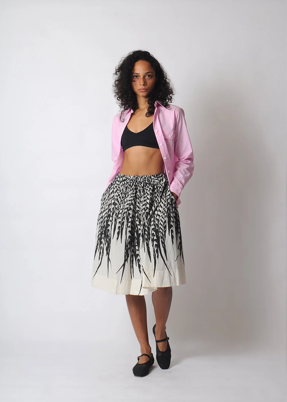 uzi_feather_skirt_conifer_pink_art_shirt_walk.JPG
