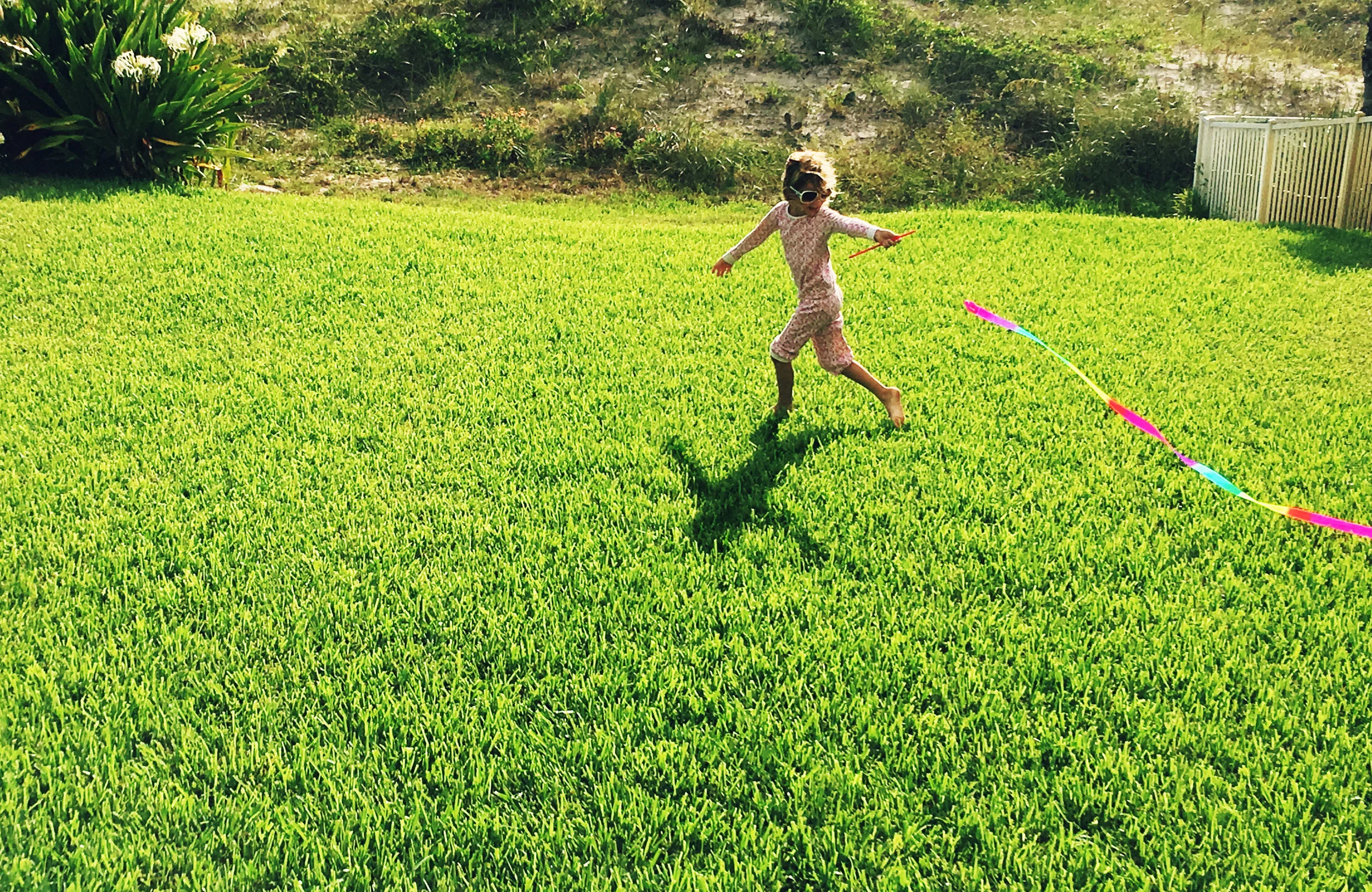 Lily running with rainbow