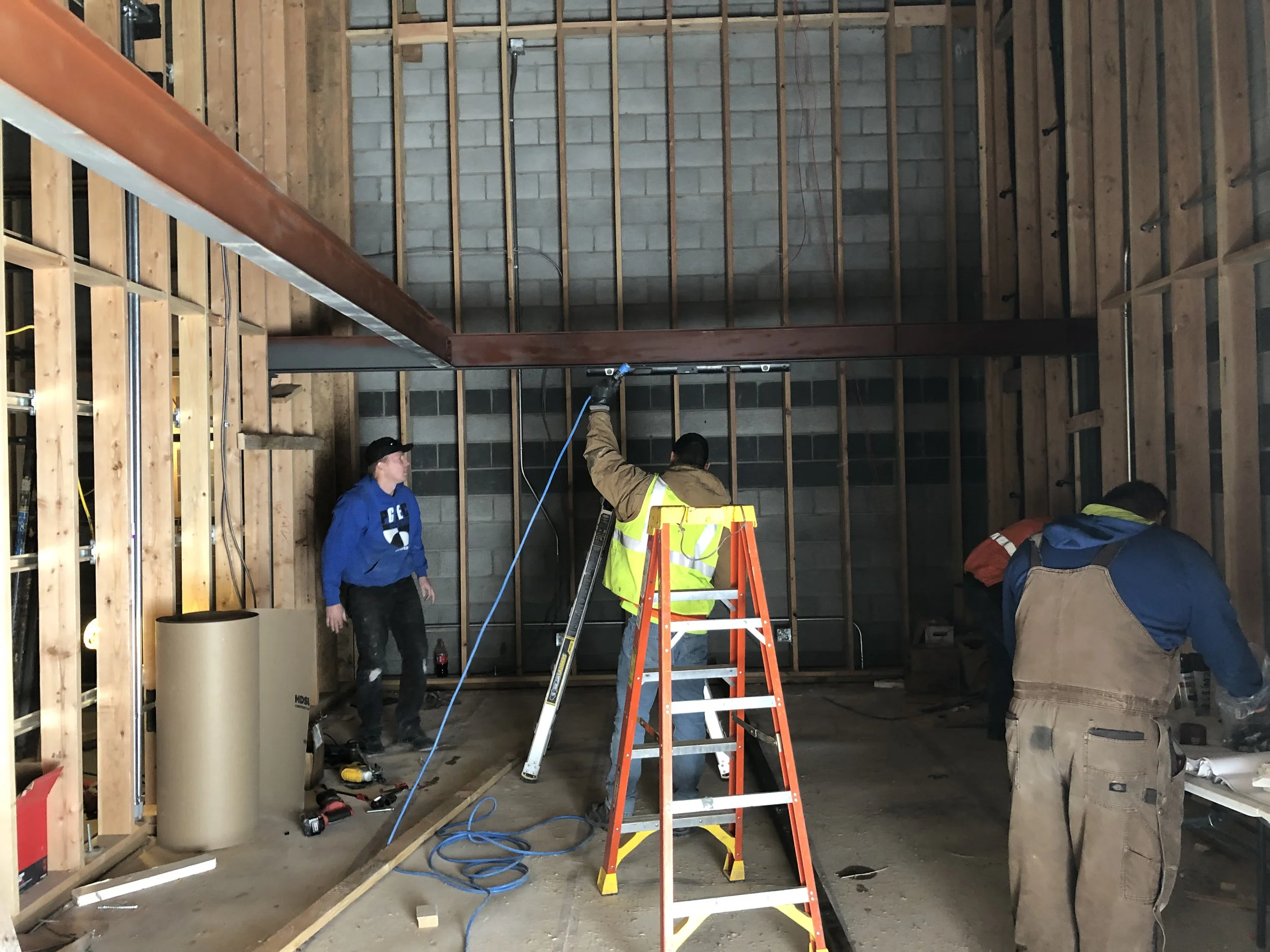 The steel beams in place - the back of the room will be the largest part of the mezzanine, with a catwalk going down the left side. The stairs will sit on the right side agains the wall.