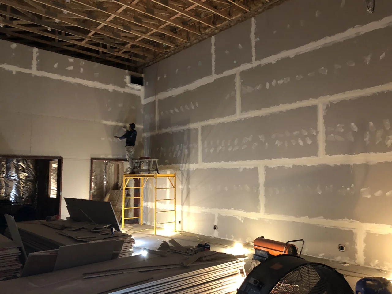 The other wall of studio 1. All three layers of 5/8” sheet rock will be taped and mudded.