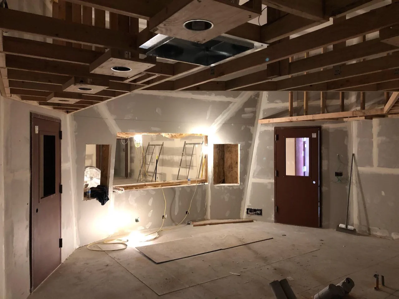 Control room 1 with finished soffit and doors hung. At this point doors are hung through studio 1. Studio 2 doors will be hung tomorrow.