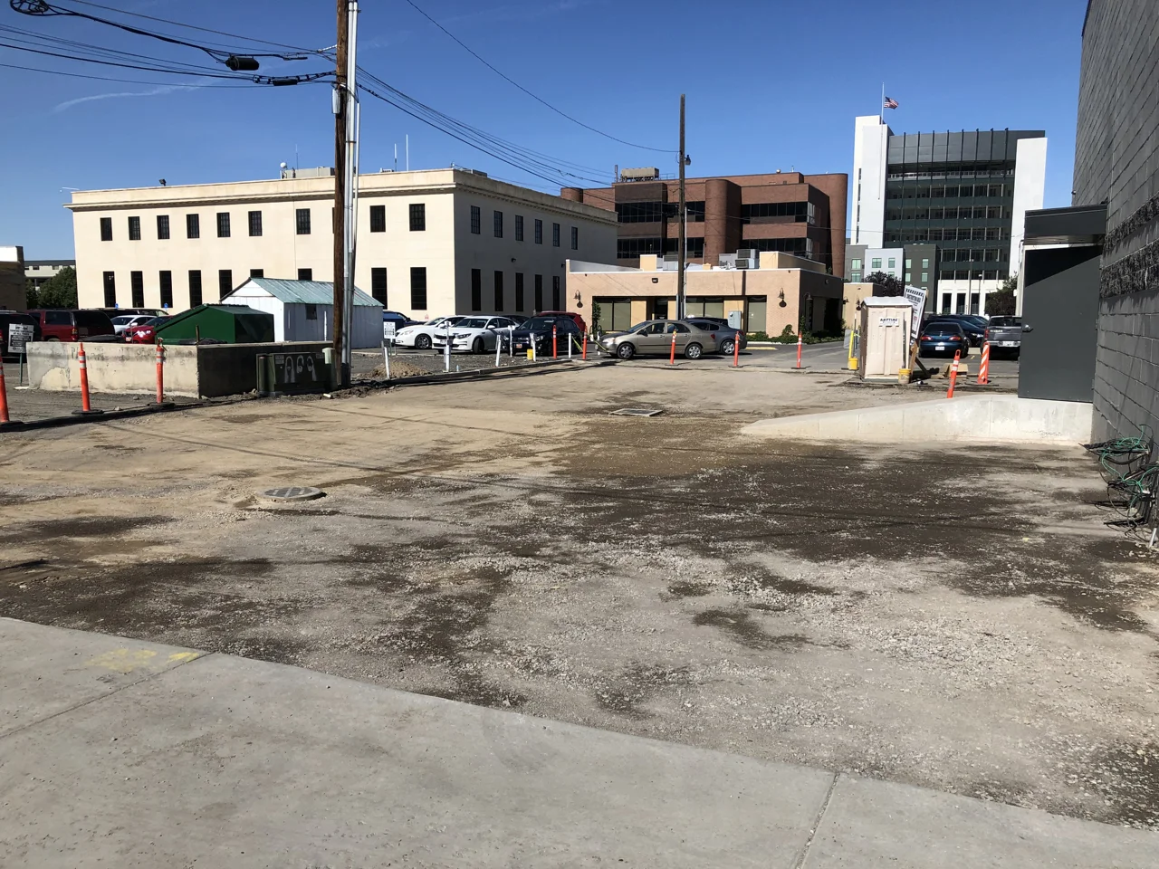 The rear parking area has been prepped and is ready for asphalt.