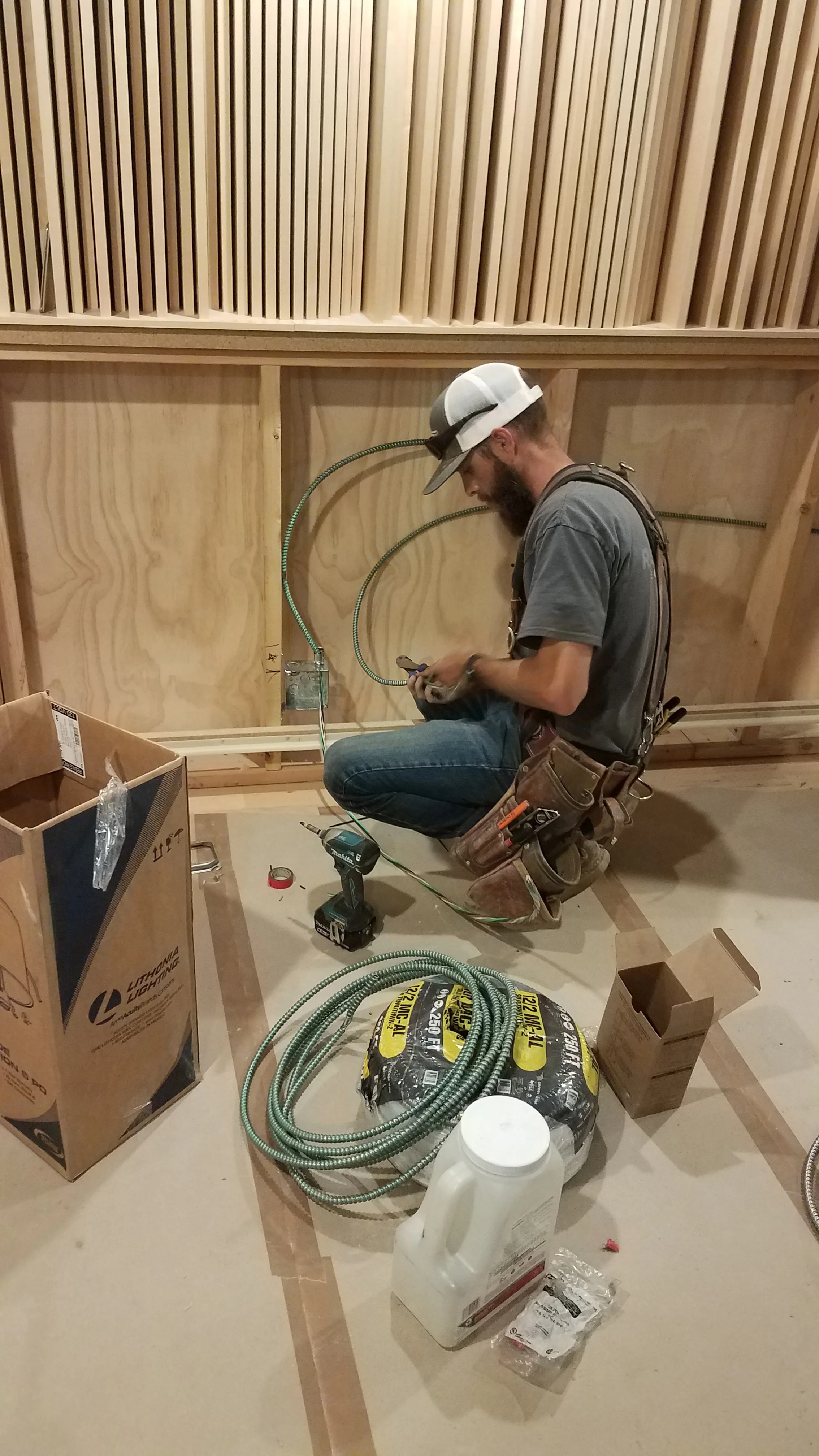 The electricians worked on installing outlets and switches in the newly framed rear walls. They have also been helping with lighting in the soffits and clouds.