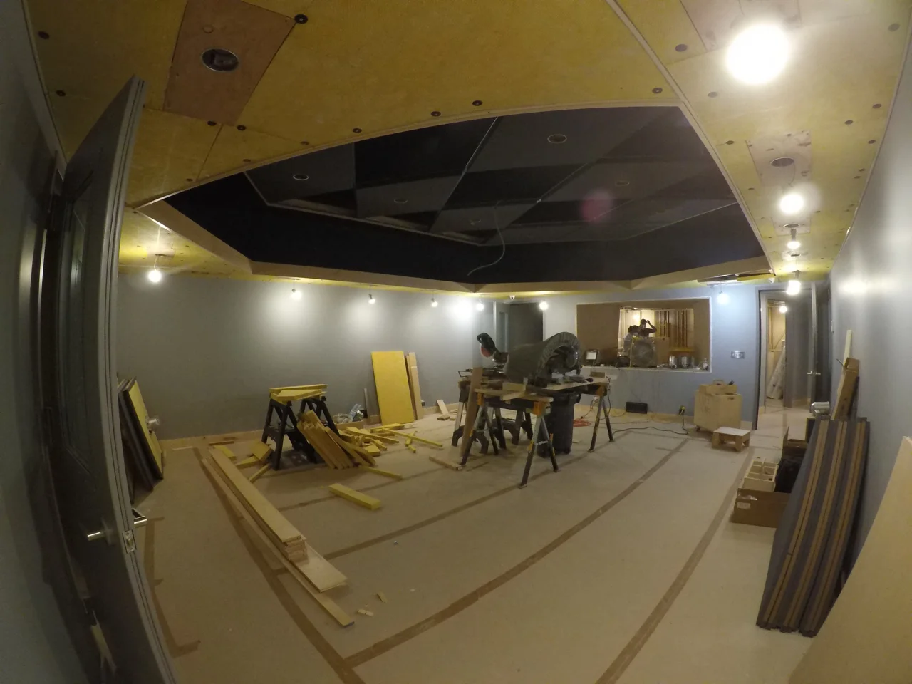 Tracking room 2 from the rear corner near the iso booth. Half of the cloud is in place now, the rest will be installed once the electricians are back on site.