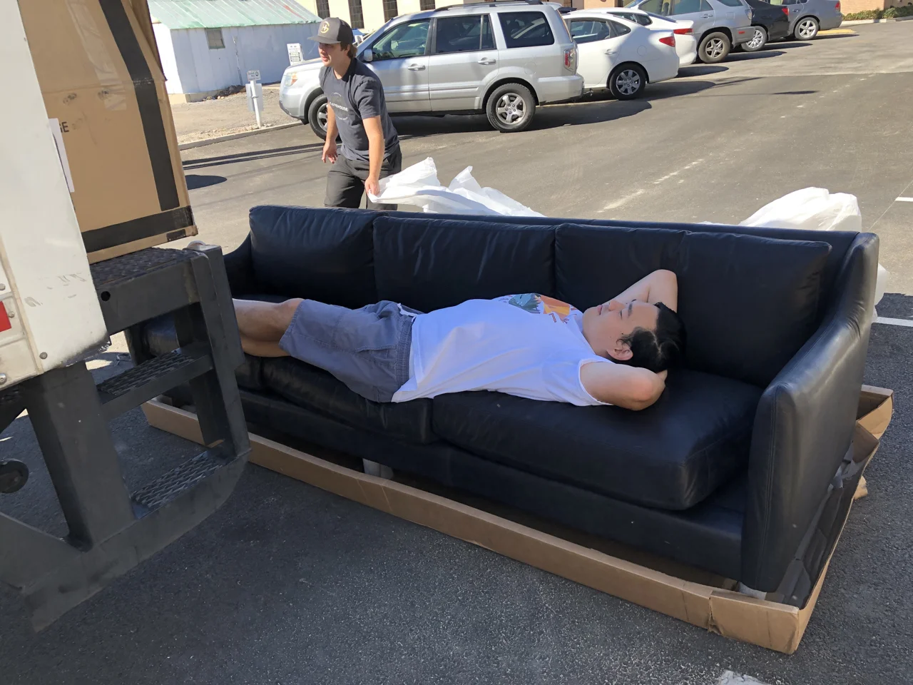 Months ago we ordered a custom leather couch for studio 1 and when it arrived Ryan had to jump on and try it out.