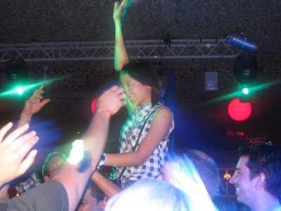 That's Nicole, one of my tour mates, on the shoulders of someone in the tour group at Space
