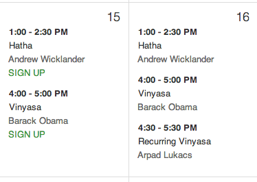 SIGN UP links for classes that have registrations turned on