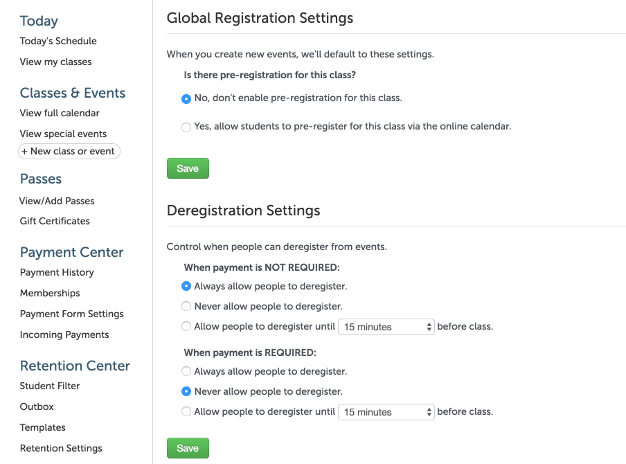 Choose default settings for event creation, and dictate when people can deregister.