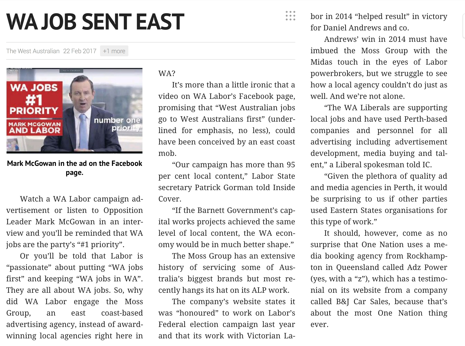 The West Australian, 22 February, 2017