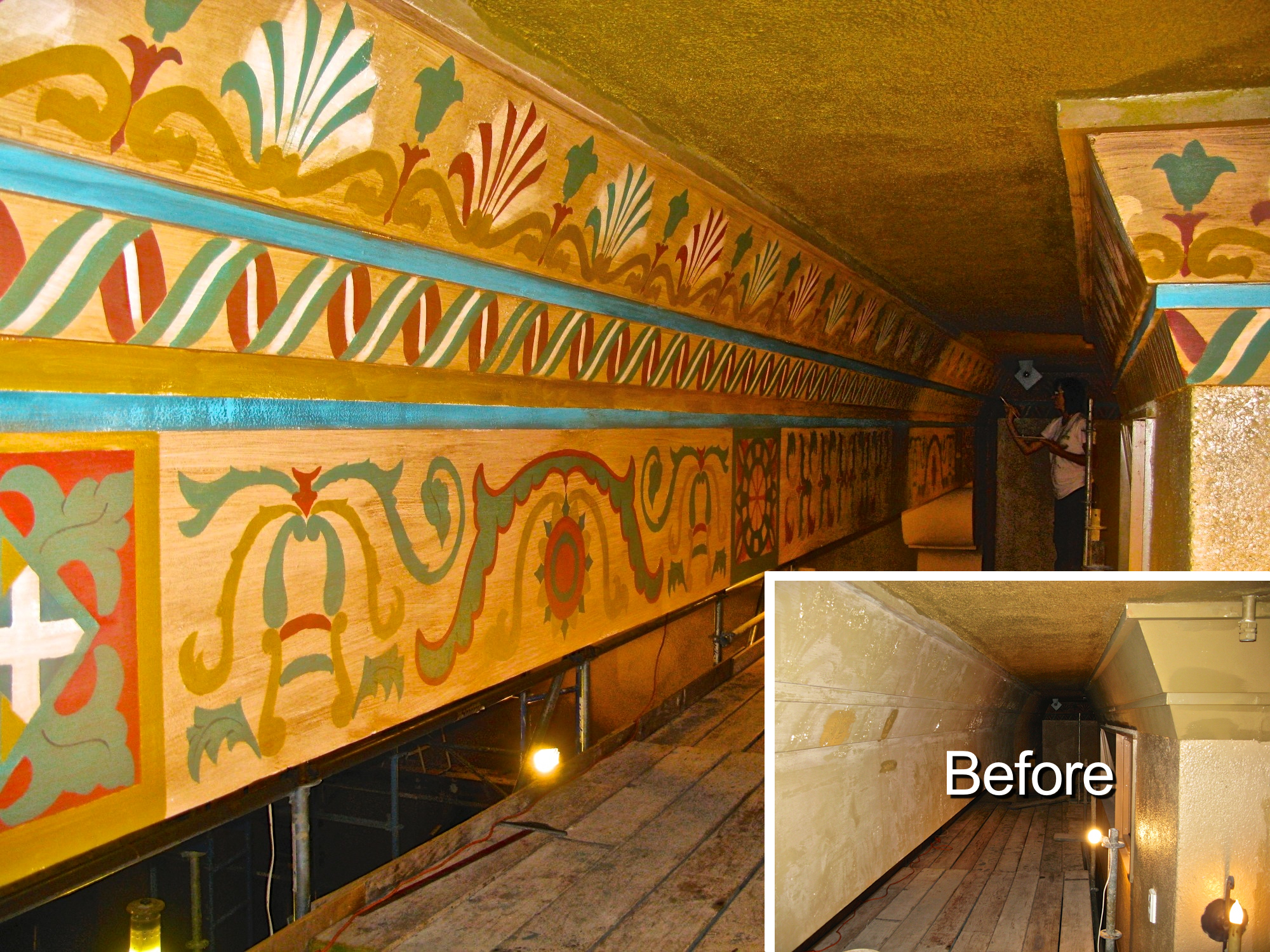Before and after photos of the fabricated and restored stenciling and structural preservation on the ceiling beams in the Annie Russell Theatre at Rollins College.