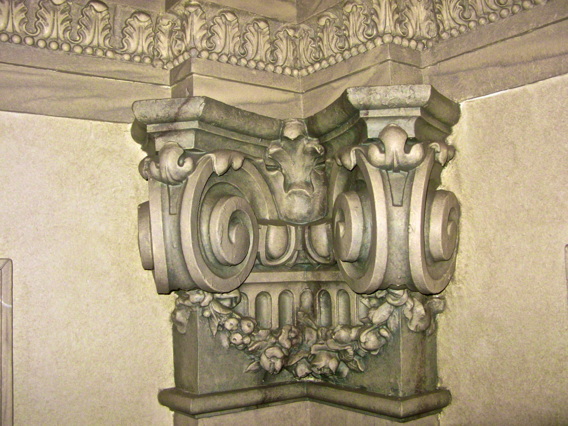 Detail of the restored pillaster with faux marble, sponging and glazing at the Ringling Museum.