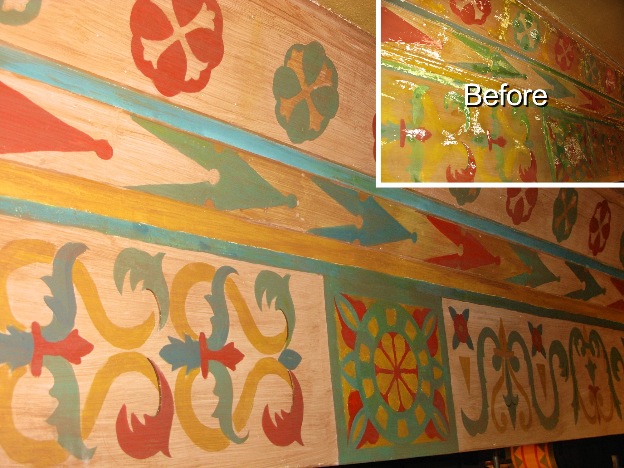 Close-up before and after view of the restored decorative stencils and handpainting on the ceiling beams in the Annie Russell Theatre at Rollins College.
