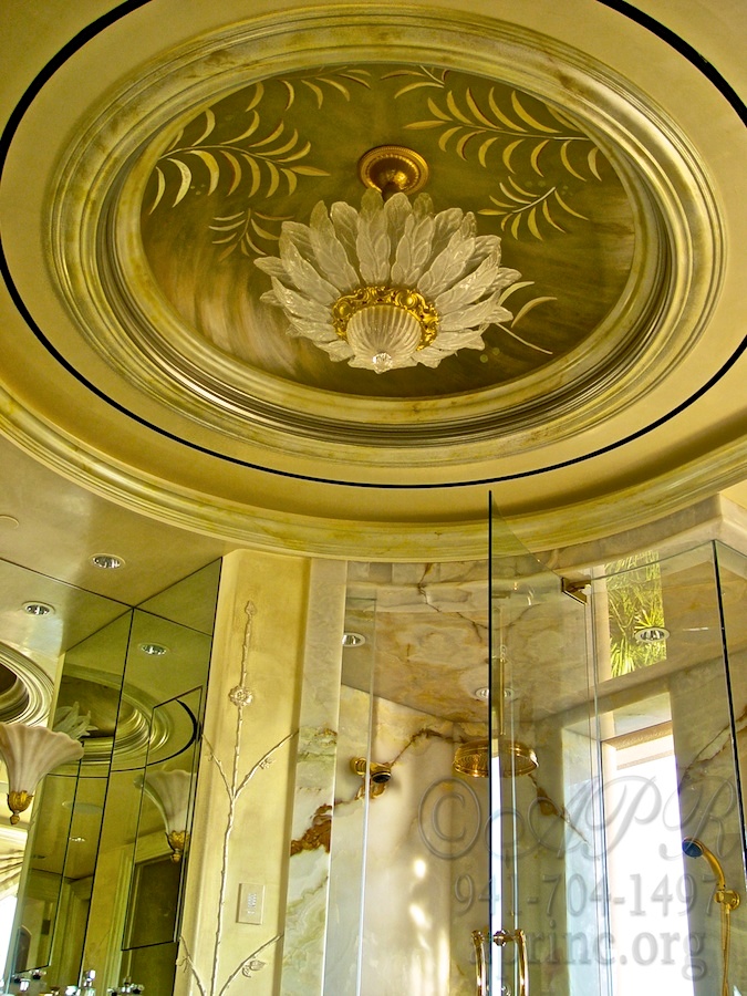 Venetian Plaster ceiling with dome gilded in chartreuse, palladium and bronze leaf. Onyx faux marbled moldings. Pearl Venetian Plaster walls with handmade applied ornament.