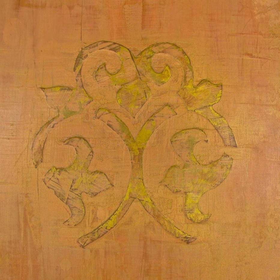 Sample of a bas relief using a hand-cut stencil in Venetian Plaster to replicate fabric for a dining room.